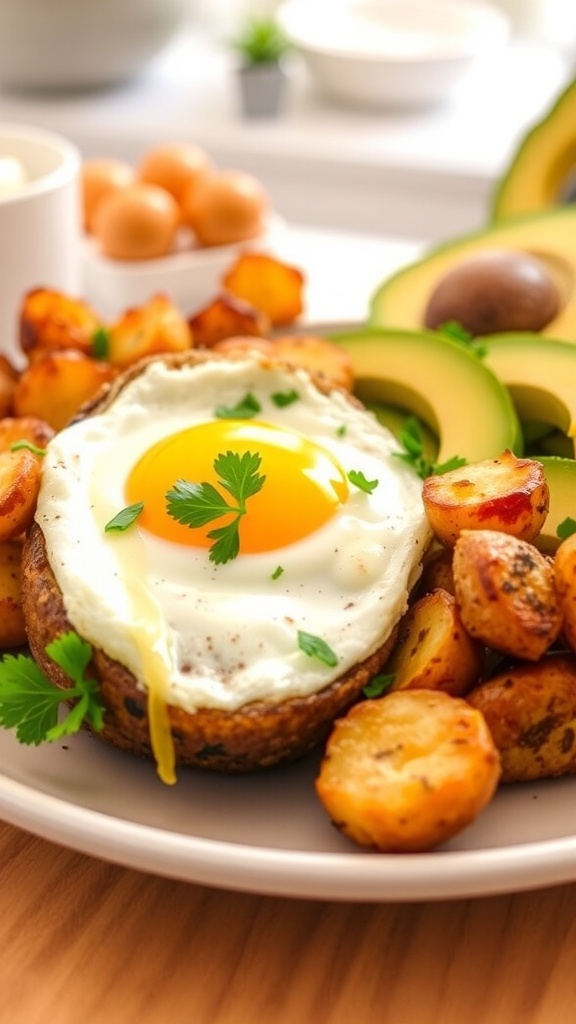 Crispy Air Fryer Breakfast Potatoes Recipe Crispy air fryer breakfast potatoes garnished with parsley, served with a sunny-side-up egg and avocado slices.